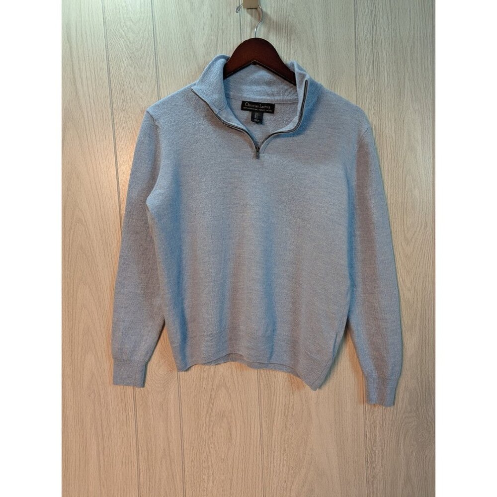 Christian Lacroix 1/4 Zip Mock Neck Merino Wool Sweater Blue Large Cropped